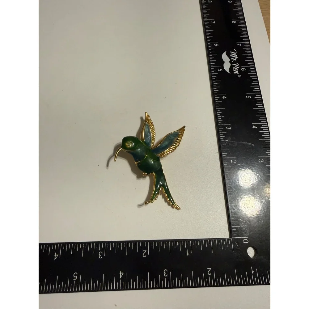 Vintage Hummingbird‎ Brooch Gold Tone Green Blue Enamel Bird Pin Rhinestone Eye